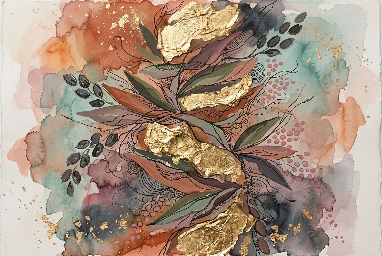 Velvet Bloom — Spring Glimmer series, watercolor with gold and silver leaf and ink
