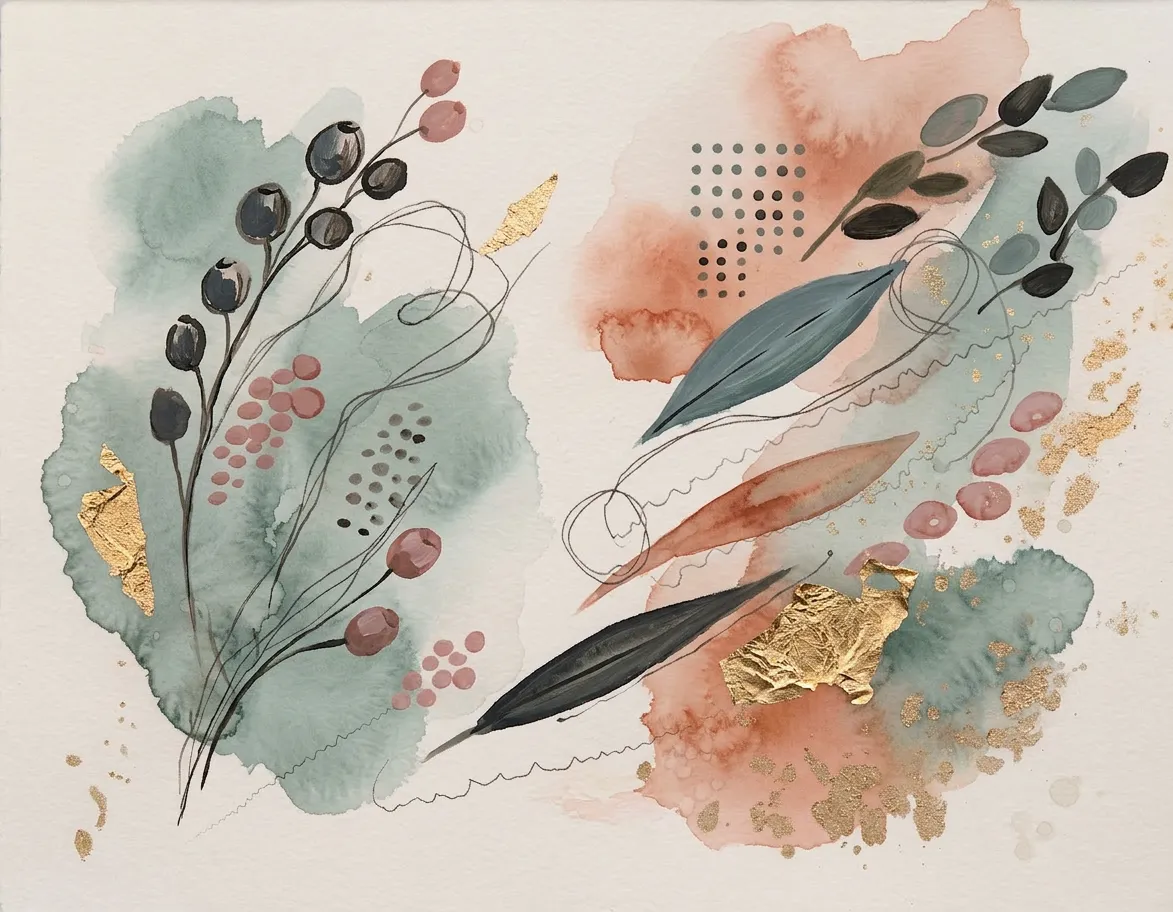 Sweet Surrender — Spring Glimmer series, watercolor with gold and silver leaf and ink
